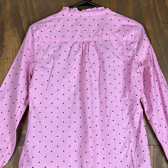 Talbots Womens Blouse Pink Black Polka Dot Ruffle Neck Long Sleeve Petite - Picture 11 of 12